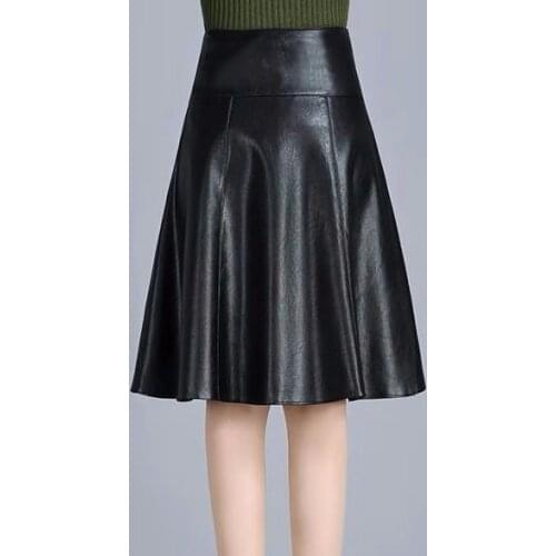 Female Indie Folk Knee Length Ladies Office Skirt High Waist Leather Sheepskin A-Line Skirts Elegant Black Skirt Korean Womens