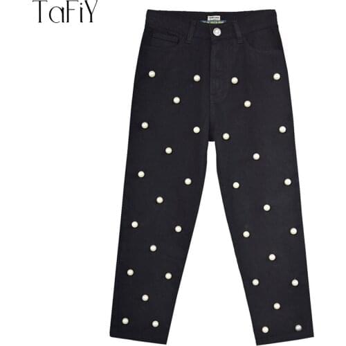 TaFiY 2017 Beading pearls Calf-Length Pants High Waist denim Jeans For Women Fashion Summer Casual Wide Leg Pants Jeans Femme