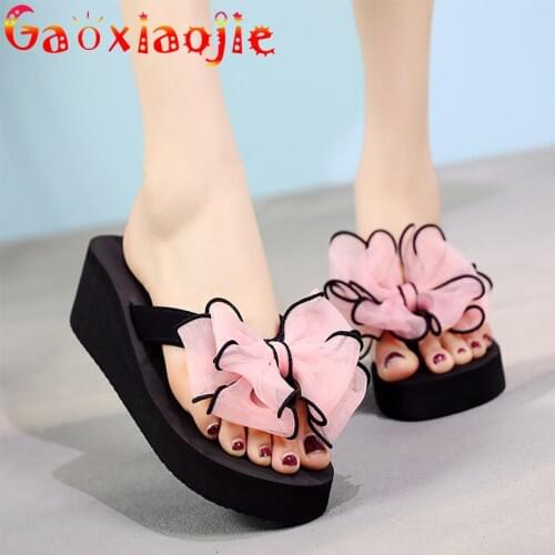 Slippers Women 2021 New Female Sandals Summer Fashion Candy Colors Butterfly-knot Slides High Heels 5CM Wedge Beach Shoes Female