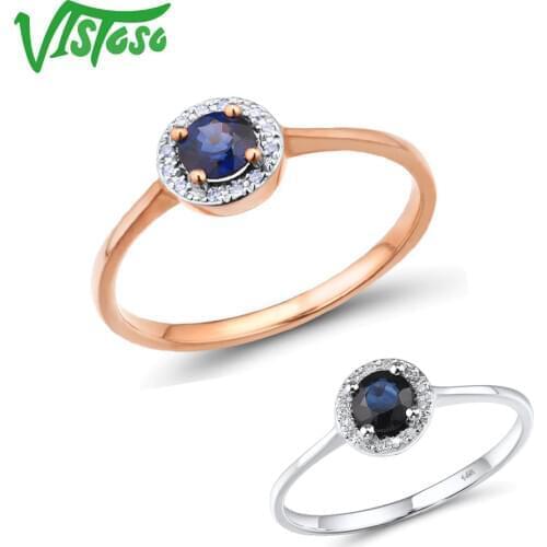 VISTOSO Gold Rings For Women Pure 14K 585 Rose Gold Ring Sparkling Diamond Round Blue Sapphire Luxury Wedding Band Fine Jewelry