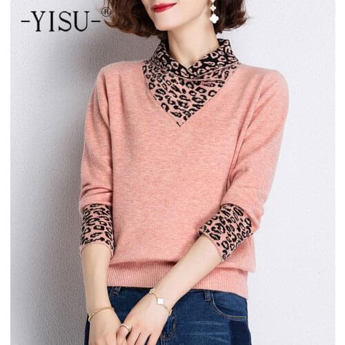YISU Women Spring Sweater Jumper Leopard Shirt collar Spring tops Long sleeves Womens Tops Female Casual Knitted pullover