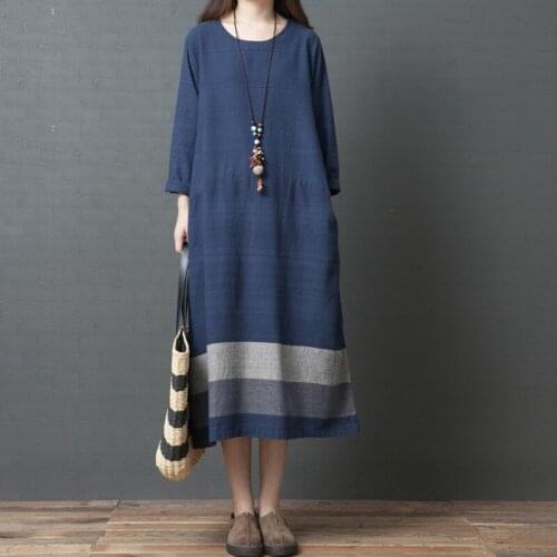 Women Cotton Linen Long Dress New Arrival 2021 Autumn Vintage Style O-neck Loose Comfortable Female Casual Dresses B905