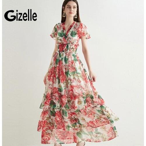 Gizelle Runway Fashion Floral Aesthetic High Waist Princess Dress Women Maxi Long Party Dresses A Line Chiffon Vestidos Zaful