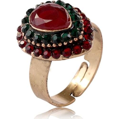 Fashion Red Heart Stone 3 Color Adjustable Ring for Women Antique Gold finger Alloy Rings Wedding Jewelry Valentines Day Gift