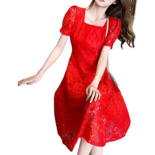 New Summer Women Square Collar Short Sleeve Loose Plus Size M-5XL Dress Sweet Bow Bandage Floral Lace Dress