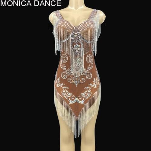 Women Sexy Stage Sparkly Silver Rhinestone Fringe Transparent Bodysuit Dress Birthday Wedding Celebrate Outfit Prom Bar Outfit