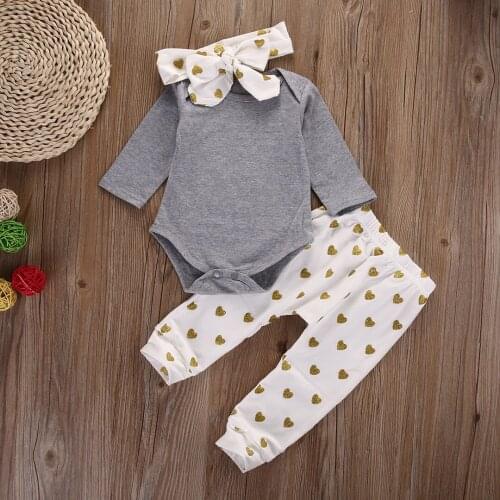 3pcs Kid Children Baby Girls Clothes Set Long Sleeve Infant Pants Love Pattern Bowknot Headband Baby Girl Outfit Set Clothing