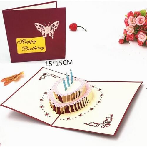 1pcs Laser Cut Handmade Birthday Cake 3D Pop Up Greeting Card Postcard Gift Cards With Envelope Baby Shower Birthday Supplies