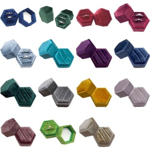 Velvet Double Ring Box Hexagon Wedding Ceremony Ring Box with Detachable Lid F3MD