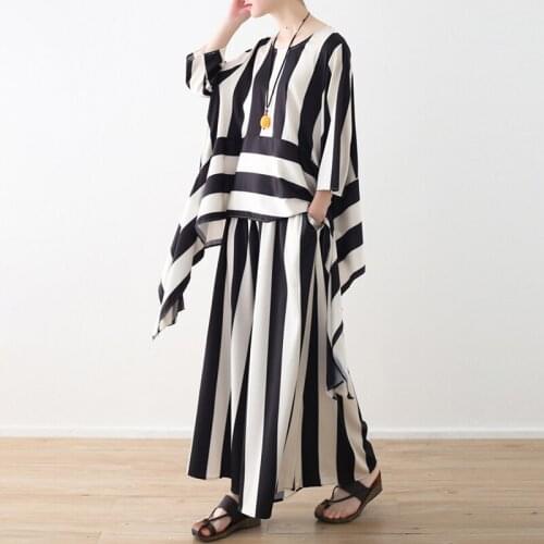FairyNatural Ladies Stripe O-Neck Irregular Long Pants Suit 2021 Summer New Viscose Women Casual Loose Big Size Trousers Set