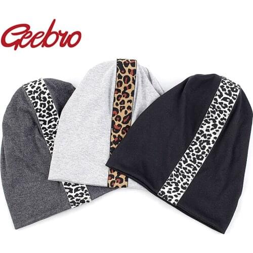Geebro Women Leopard Ribbon Beanie Hats For Ladies New Slouchy Cotton Kintted Beanie Skullies Cap Warm Bonnet Christmas Gifts