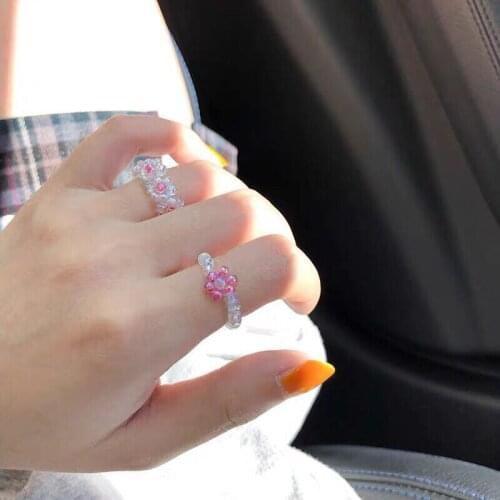 Flower Bobemia Rings Summer Colorful Beads Ring Women Kid Beach Jewelry Gifts Fashion Adjustable Rings Hand Woven Beaded Fashion