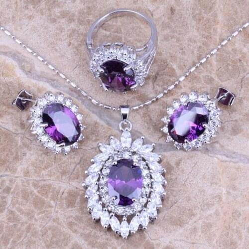 Purple Cubic Zirconia White CZ Silver Plated Jewelry Sets Earrings Pendant Ring Size 6 / 7 / 8 / 9 / 10 S0065