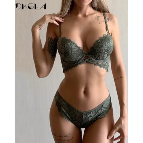 New Fashion ArmyGreen Bra Set Push Up Brassiere Cotton Thick Gather Bras Women Lingerie Sets Embroidery Lace Underwear Set Sexy