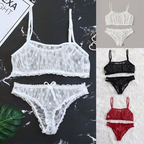 2Pcs Womens Sexy Lingerie Set Mesh Polka Dot Bra Underwear Lace Nightwear Sleepwear Black Lingerie Ruffled Set S-XL