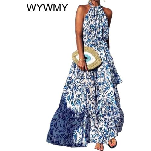 Summer Women Dress Vintage Pattern Print Casual Dress Sexy Halter Sleeveless Lady Beach Maxi Dress Fashion Elegant Boho Dresses