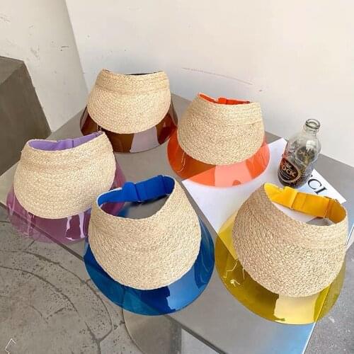 New Summer Sun Hat For Women Raffia Straw Hat Patchwork Fruit Color Transparent Empty Top Plastic PVC Visor Cap Bicycle Cute Hat