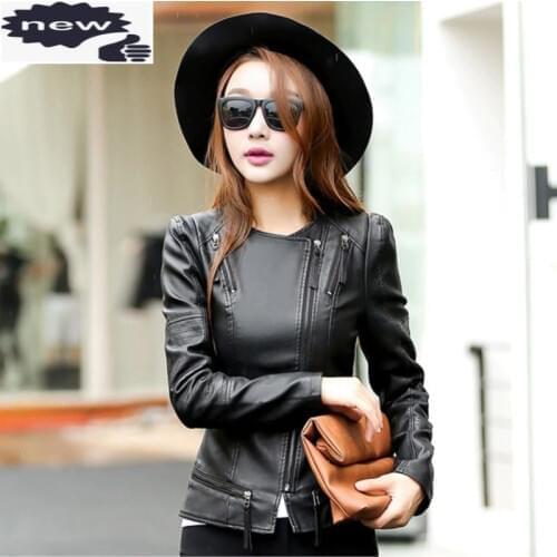 Autumn New Women Pu Leather OL Style Black Slim Short Coats Female Fashion Long Sleeve Zipper Biker Jacket M-2XL