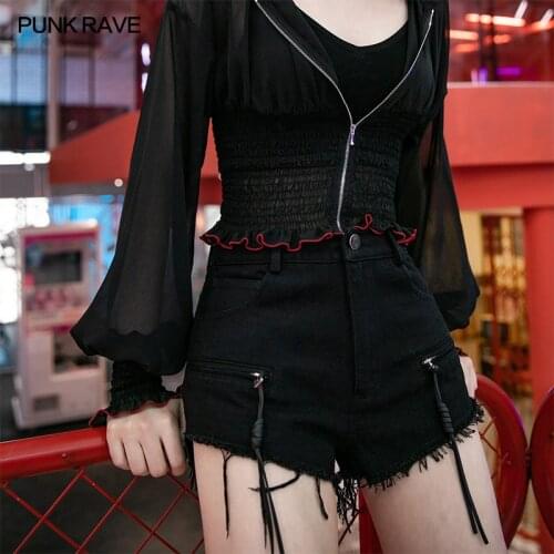 PUNK RAVE Womens Hardcore Punk Chinese Style Silk Fan Heart Shape Buckle Belt with Contrast Color Zipper Sexy Shorts Girl Short