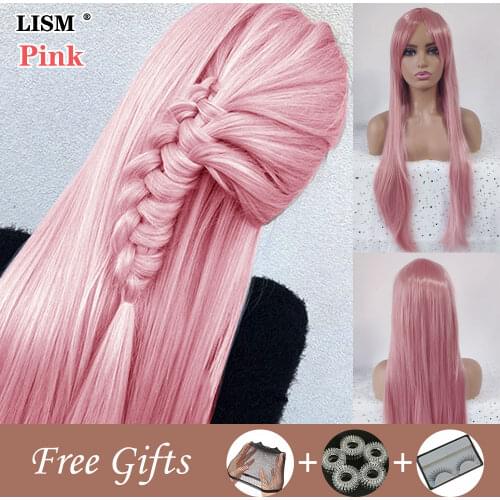 Long Straight Wave Wig Peluca De Mujer Perruque Naturelle Synthetic Cosplay Pink Wigs with Bangs Peruki Postiche Cheveux Naturel