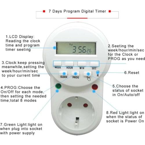 EU Plug Outlet Electric Digital Time Control 7 Day Weekly Programmable Plug-in Timer Switch Wall Clock Power Socket 220V 230V AC