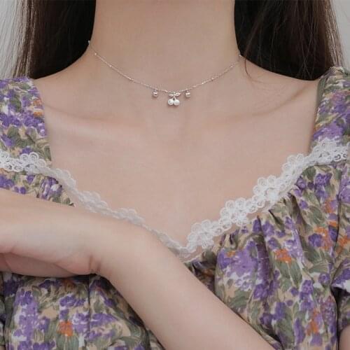 S925 Sterling Silver Necklace with Glitter Crystal Cherry Bead Necklace Fruit Clavicle Chain Jewelry for Female Party Gifts