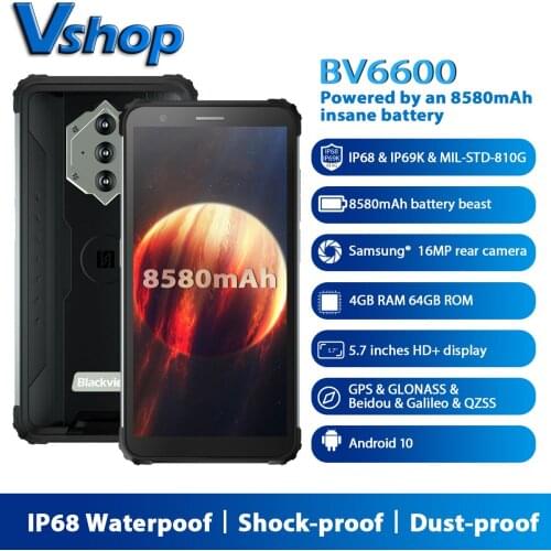 Blackview BV6600 IP68 Waterproof 4GB+64GB 8580mAh Rugged Smartphone Octa Core 5.7" FHD Mobile Phone 16MP Camera NFC Android 10