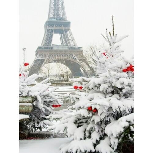 VinylBDS Christmas Tree No Wrinkles Backdrop Winter Snow Background Photography Eiffel Tower White Photo Studio