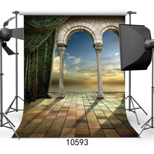 Evening Sky Arch Green Curtain Floor Vinyl Photography Background For Wedding Baby Backdrops Adult Photo Shoot Booth Photocall