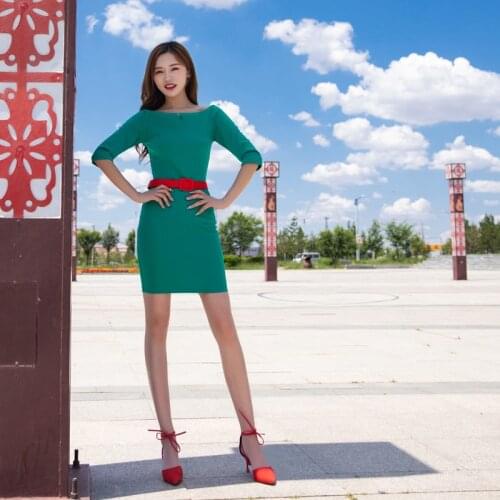 Le Palais Vintage Elegant Sexy Low-Cut Tight Slim A-line Off-Shoulder Dresses Three Quarter Above Knee Party Dress Slash Neck