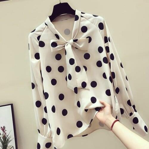 Korean Spring Fall Fashion Women Bow Long Sleeve V Neck Chiffon Tops Blouses , Woman Womens 2019 Vintage Polka Dot Shirts Top
