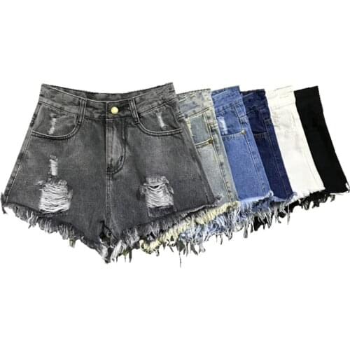 B3902 2020 spring summer new women fashion holes rough edges loose plus-size high-waisted a-line denim shorts cheap wholesale