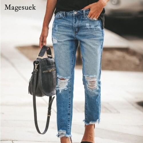 2021 Autumn Ladies Plus Size Full Length Pencil Pants Drawstring Denim Jeans for Women Hole Jean Skinny Jeans Ripped Jeans 16222