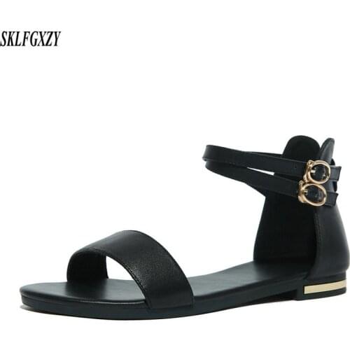 SKLFGXZY Summer ladies' flat beach leather sandals 100% genuine cowhide comfortable women shoes sandals sizes 32-46