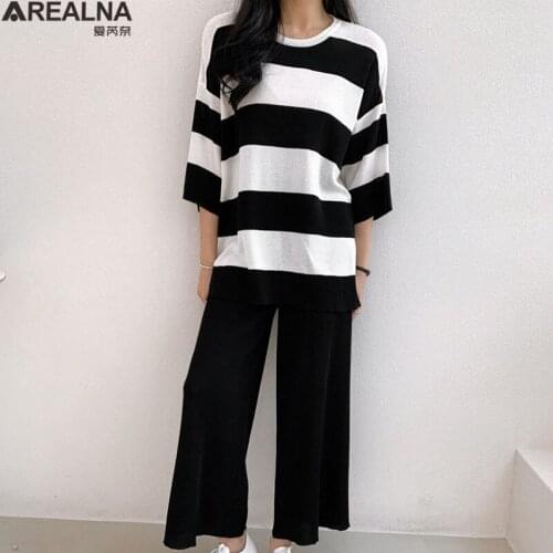 Plus size tracksuit women Ice silk Knitted striped Two piece Casual set Women Long Pullovers Tops and wide-leg pants sets Suits