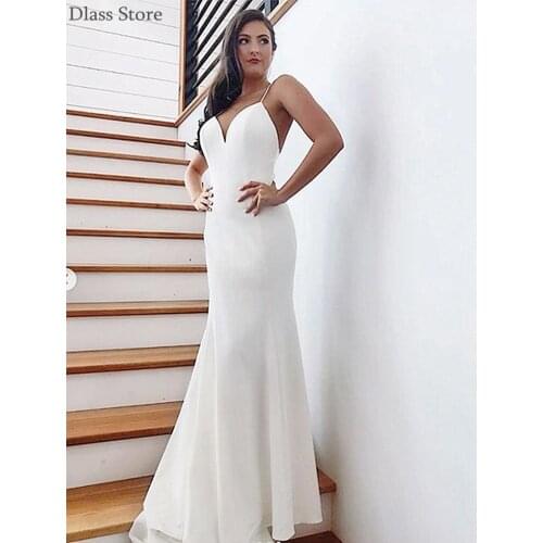 White Satin Prom Dress Mermaid Simple Sweep Train Sexy V-neck Spaghetti Strap Backless Evening Dress robe de soirée de mariage