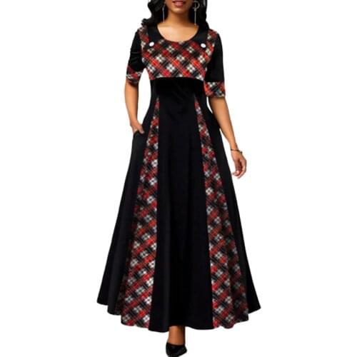 Plus Size Women Plaid Print Maxi Dress Half Sleeve 2020 Autumn New Vintage Party Dress High Waist S-5XL Female Bohemian Vestidos