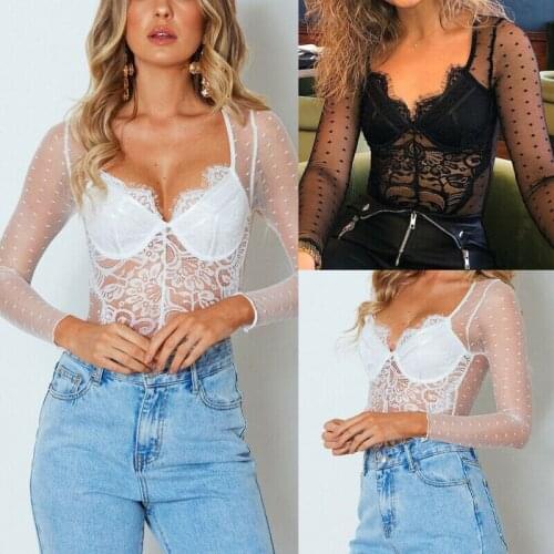 NEW Womens Sexy V-neck Bodysuit Lace V-neck Long Sleeve Jumpsuit Romper Tops