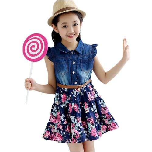 2-12 Years Summer Girls Flower Dress 2021 Fashion Denim T-shirt And Floral Skirt Stitching Dress For GIrl Kids Birthday Present
