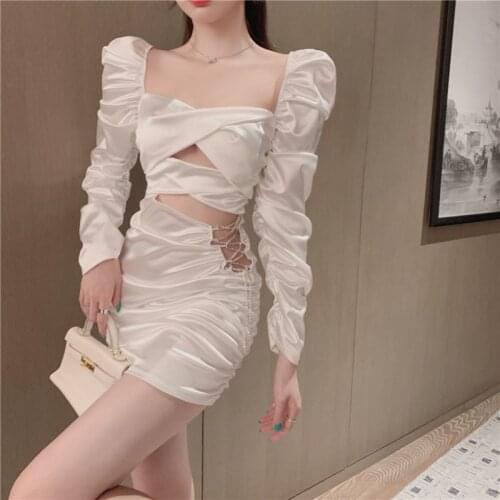 Spring/Autumn Korean Sexy Woman Cutout Dress Irregular Design Square Collar Bandage Elegant Offiec Lady Vintage Buttocks Dress