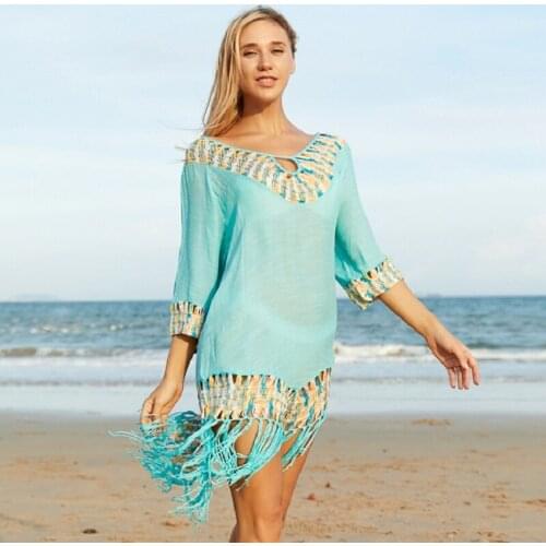 Women Beach Mini Dress Cover-ups Swimsuit Cover Up Pareo Ups 2021 Beachwear Tassel Dresses Bathing Suit for Woman Summer Ladies