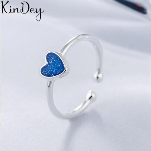 Trendy Silver Color Blue Heart Rings For Women Men Boho Vintage Jewelry Adjustable Size Finger Rings
