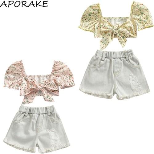 2021 1-7Y Fashion Kids Baby Girl Clothes Set Floral Print Bow Square Collar Puff Short Sleeve Crop Top Blouse+Denim Shorts 2pcs