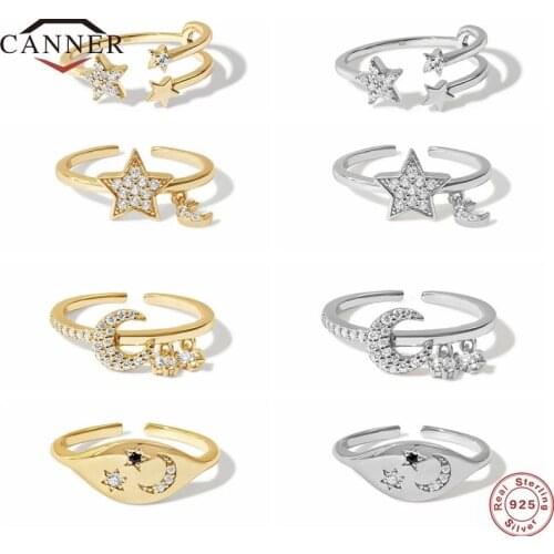 CANNER Star &Moon Zircon Real 925 Sterling Silver Rings for Women Opening Adjustable Exquisite Fashion Ring Fine Jewelry anillos