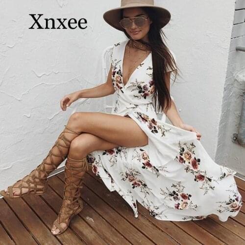 White Long Summer Beach Dress Printed Women Sexy Deep V Floral Chiffon Maxi Dress Front Split Bohemian Dresses White Boho Dress