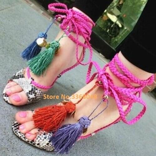 Snake Skin Tassel Lace Up Sandals Peep Toe Stiletto High Heel Summer Ladies Shoes Fringe Mixed Color Cover Heel Ankle Strap Shoe