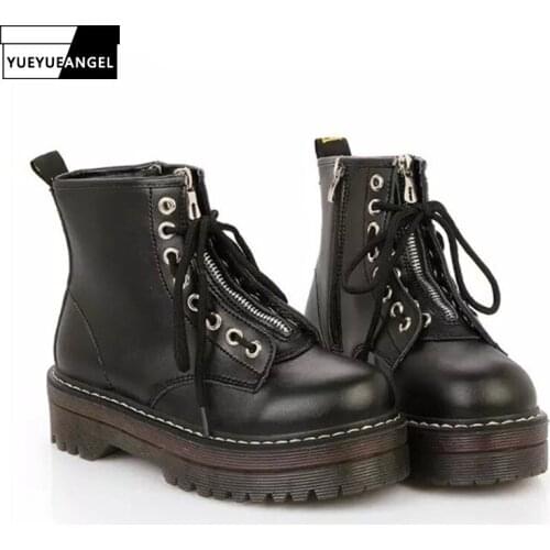 PU Leather High Heels Platform Ankle Boots Women Fashion Lace Up Round Toe Boots Casual Zipper Flat Shoes Women 35-40