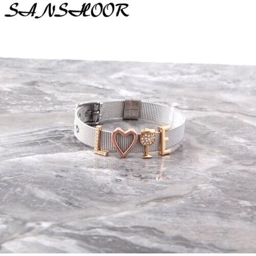 SANSHOOR New Design Wine Glass Love Keeper Bracelet Set With Mesh Arm Bangle and Heart Alphabet Letter Slide Charms For Women
