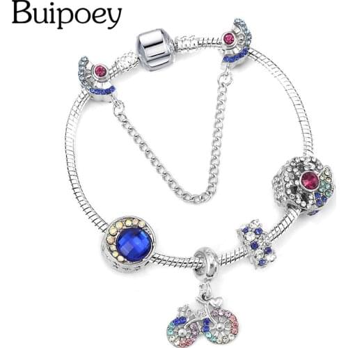 Buipoey Blue & Pink Fan Beaded Charm Bracelets For Women Men Original Shiny Crystal Bicycle Pendant Bracelet Girls Jewelry Gift
