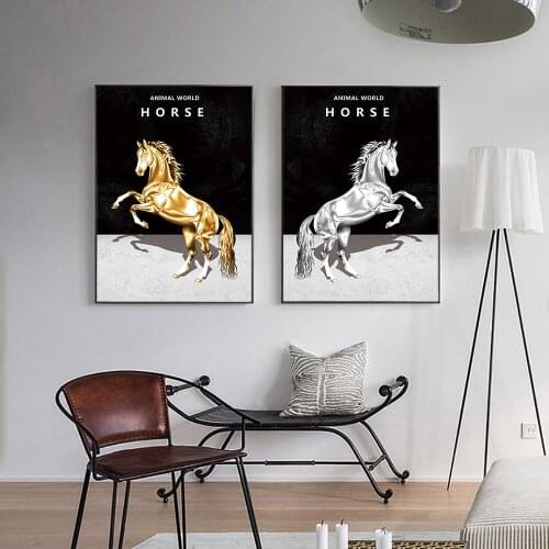 Animal World Canvas Poster Painting Silver Horse and Gold Picture Print Modern Home Decor for Living Room Decor Unframed